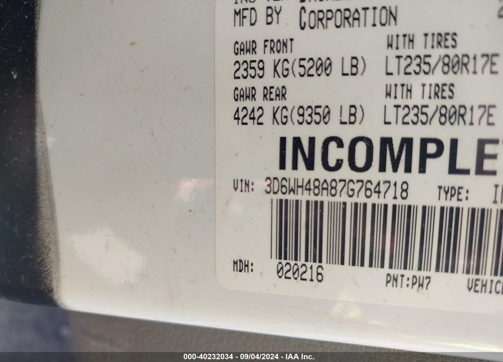 2007 DODGE RAM 3500 HD CHASSIS ST/SLT/LARAMIE VIN: 3D6WH48A87G764718