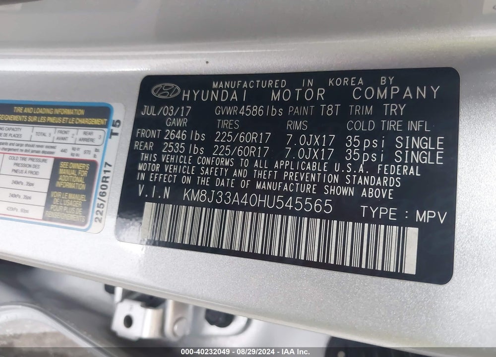 2017 HYUNDAI TUCSON VIN: KM8J33A40HU545565