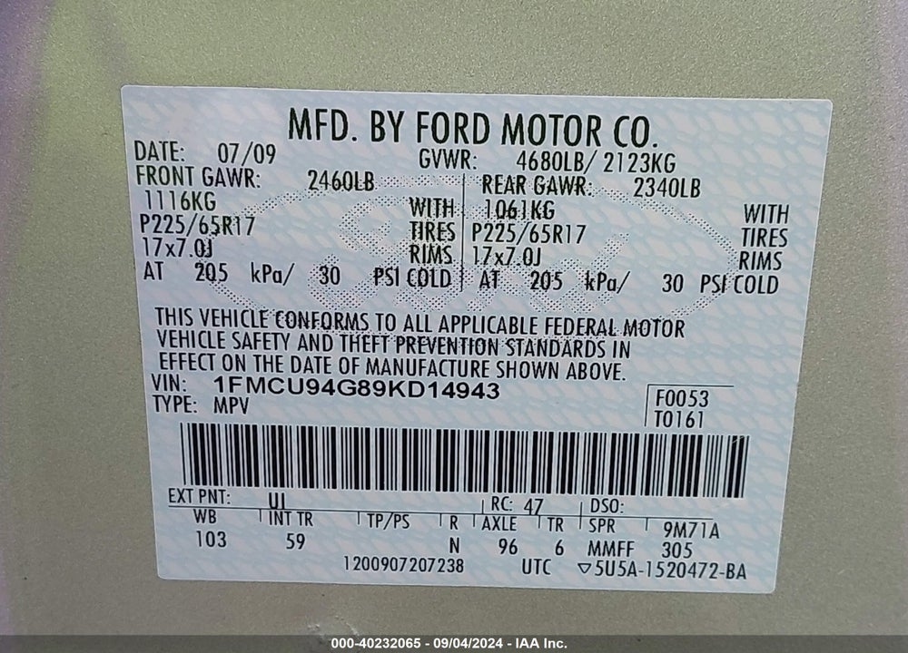 2009 FORD ESCAPE LIMITED VIN: 1FMCU94G89KD14943