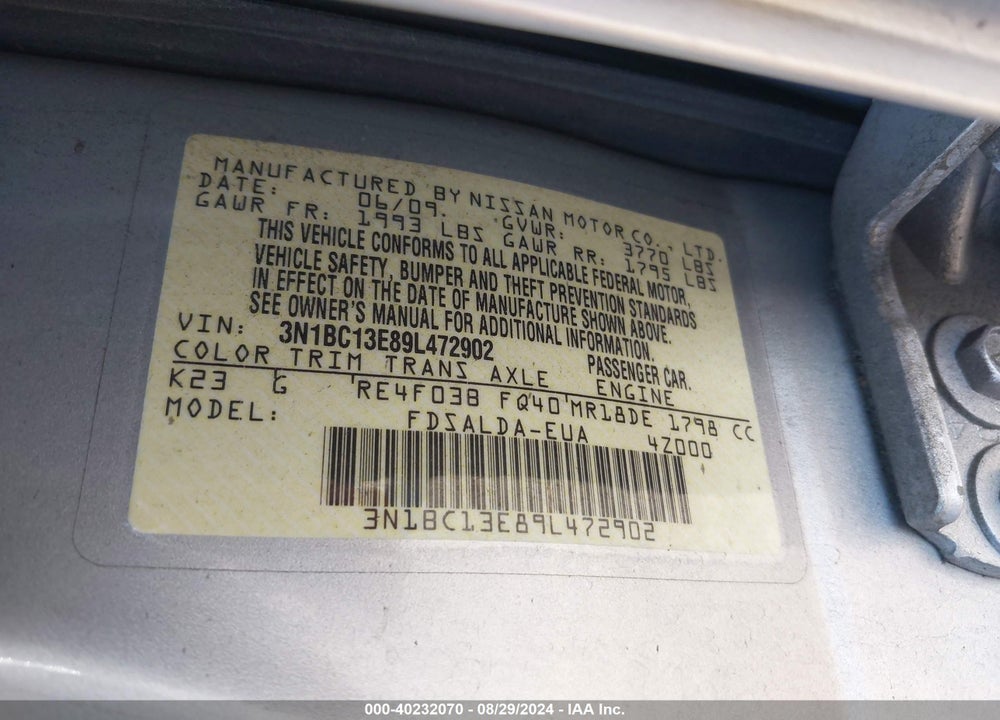 2009 NISSAN VERSA 1.8S VIN: 3N1BC13E89L472902
