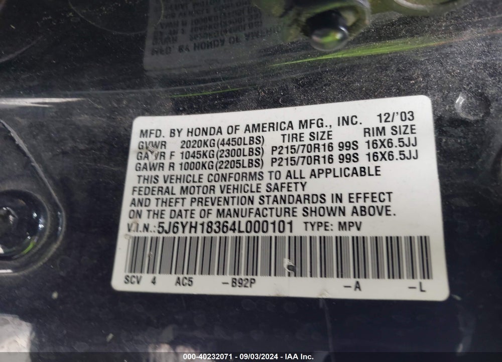 2004 HONDA ELEMENT LX VIN: 5J6YH18364L000101