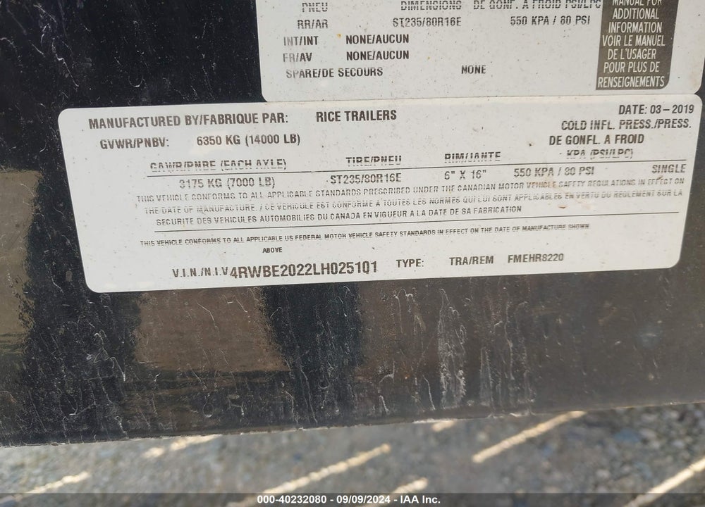 2020 RICE TRAILERS EQUIPMENT TRAILER VIN: 4RWBE2022LH025101