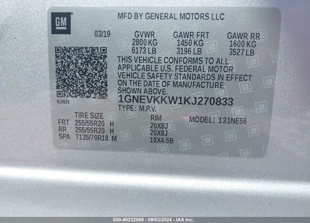 2019 CHEVROLET TRAVERSE PREMIER VIN: 1GNEVKKW1KJ270833