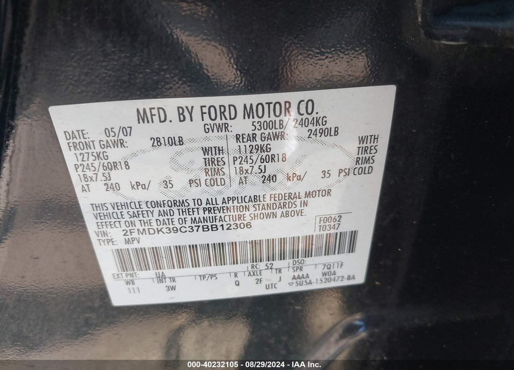 2007 FORD EDGE SEL PLUS VIN: 2FMDK39C37BB12306