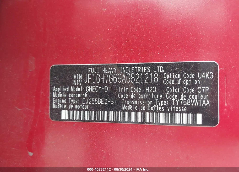 2010 SUBARU IMPREZA VIN: JF1GH7G69AG821218
