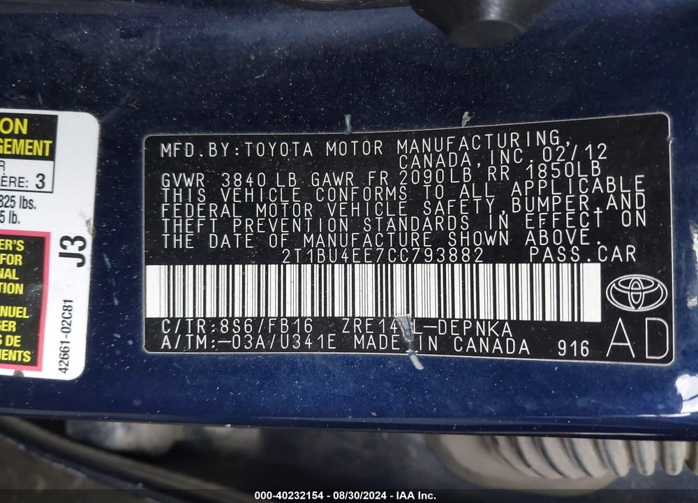 2012 TOYOTA COROLLA LE VIN: 2T1BU4EE7CC793882