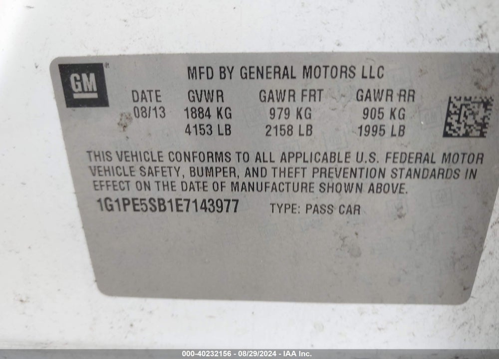 2014 CHEVROLET CRUZE VIN: 1G1PE5SB1E7143977