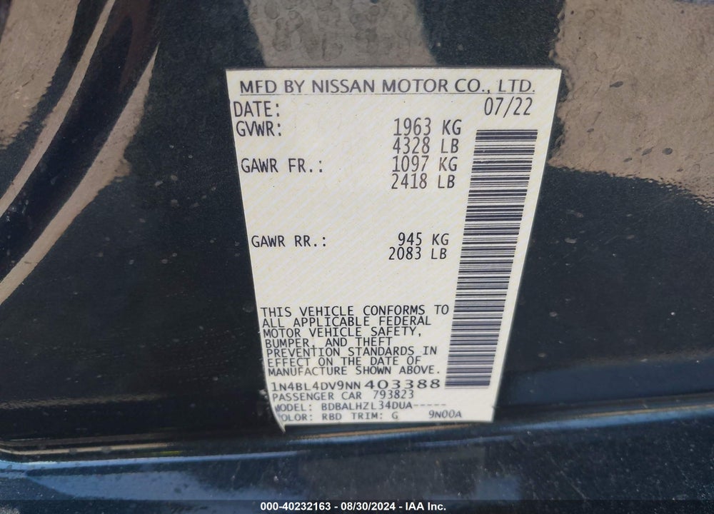 2022 NISSAN ALTIMA SV FWD VIN: 1N4BL4DV9NN403388