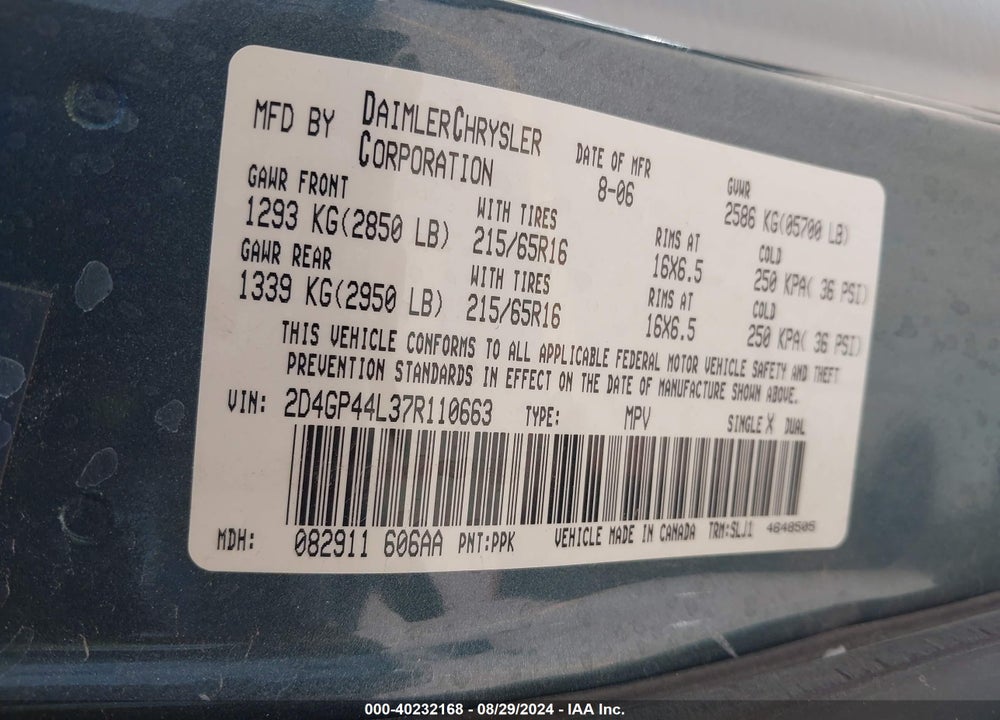 2007 DODGE GRAND CARAVAN SXT VIN: 2D4GP44L37R110663