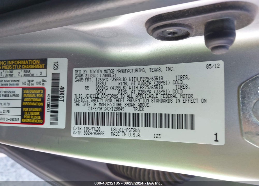 2012 TOYOTA TUNDRA GRADE 5.7L V8 VIN: 5TFEY5F1XCX128849