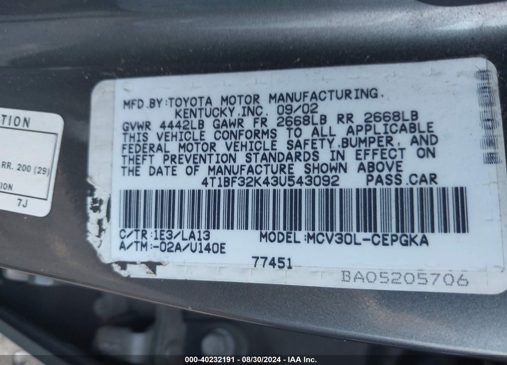 2003 TOYOTA CAMRY XLE V6 VIN: 4T1BF32K43U543092