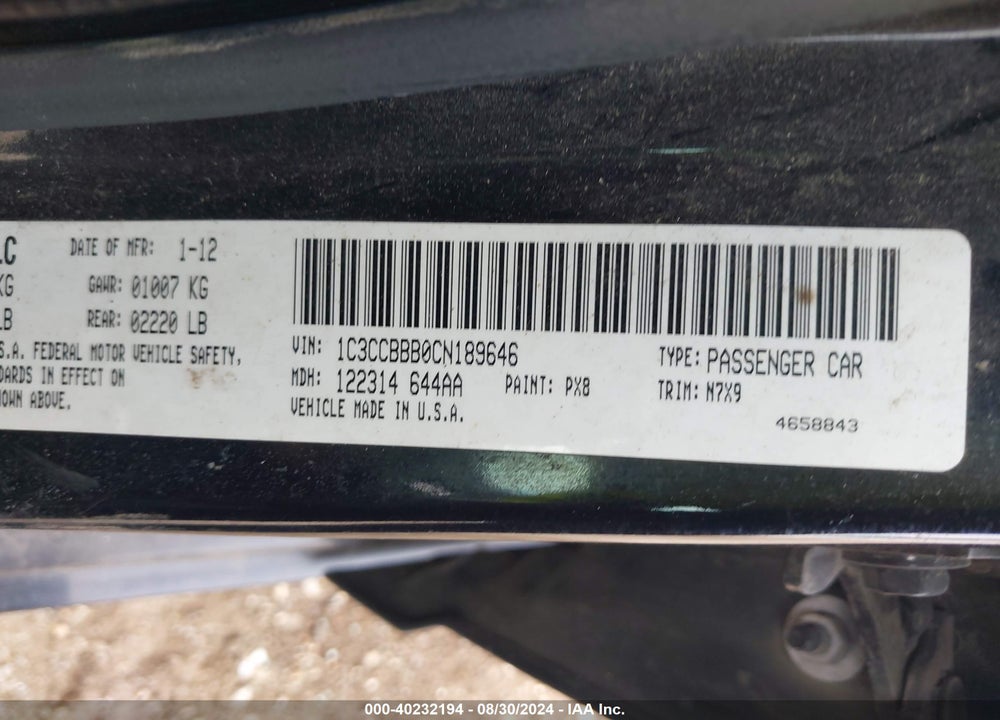 2012 CHRYSLER 200 VIN: 1C3CCBBB0CN189646