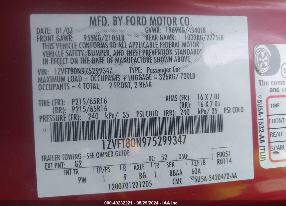 2007 FORD MUSTANG V6 DELUXE/V6 PREMIUM VIN: 1ZVFT80N975299347