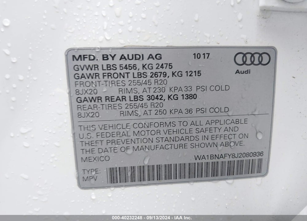 2018 AUDI Q5 2.0T PREMIUM/2.0T TECH PREMIUM VIN: WA1BNAFY8J2080936