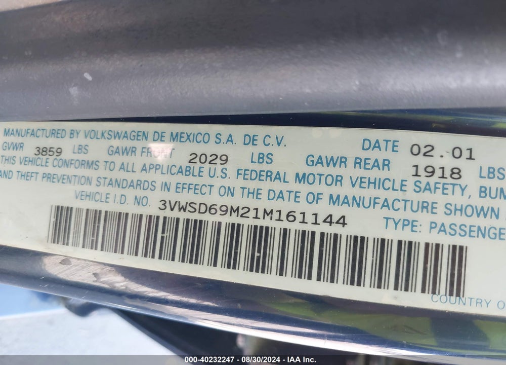2001 VOLKSWAGEN JETTA GLS 1.8L TURBO VIN: 3VWSD69M21M161144