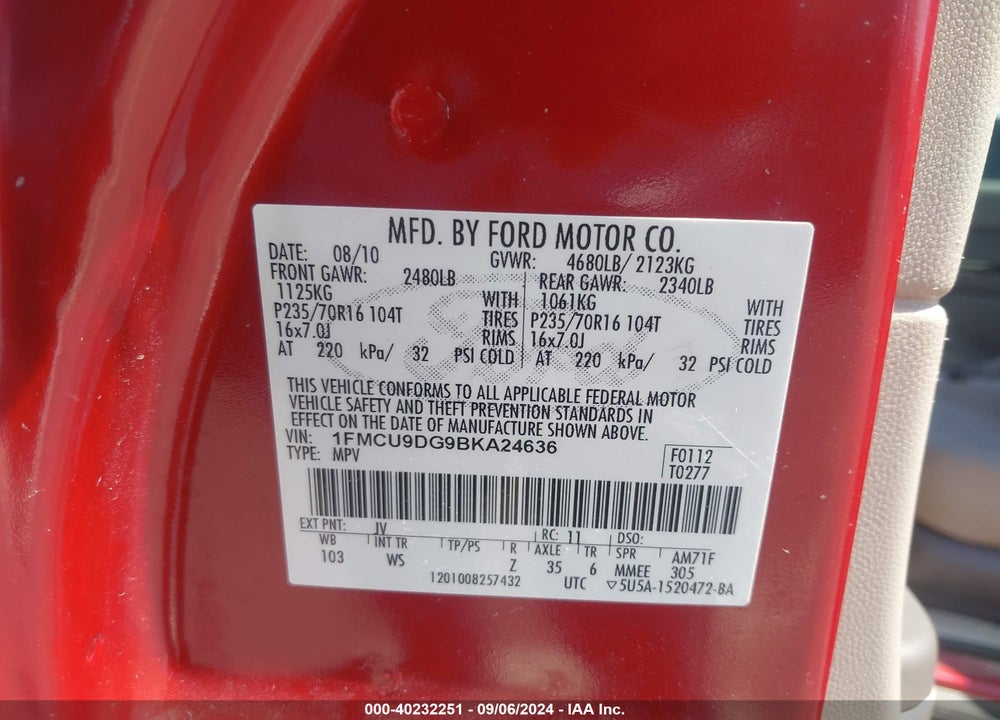 2011 FORD ESCAPE XLT VIN: 1FMCU9DG9BKA24636