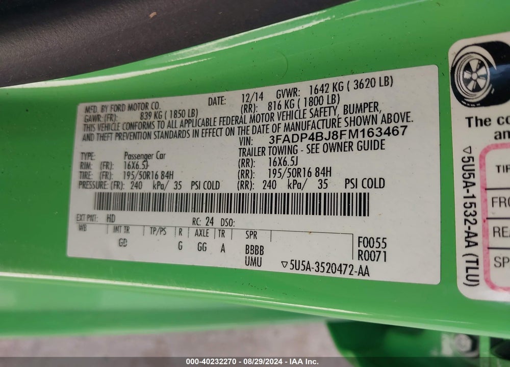 2015 FORD FIESTA SE VIN: 3FADP4BJ8FM163467