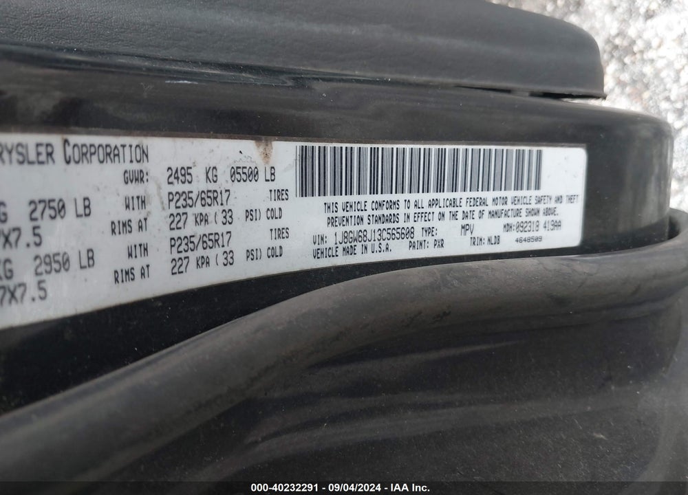 2003 JEEP GRAND CHEROKEE OVERLAND VIN: 1J8GW68J13C565608