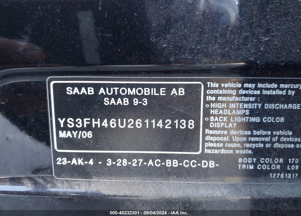 2006 SAAB 9-3 AERO VIN: YS3FH46U261142138