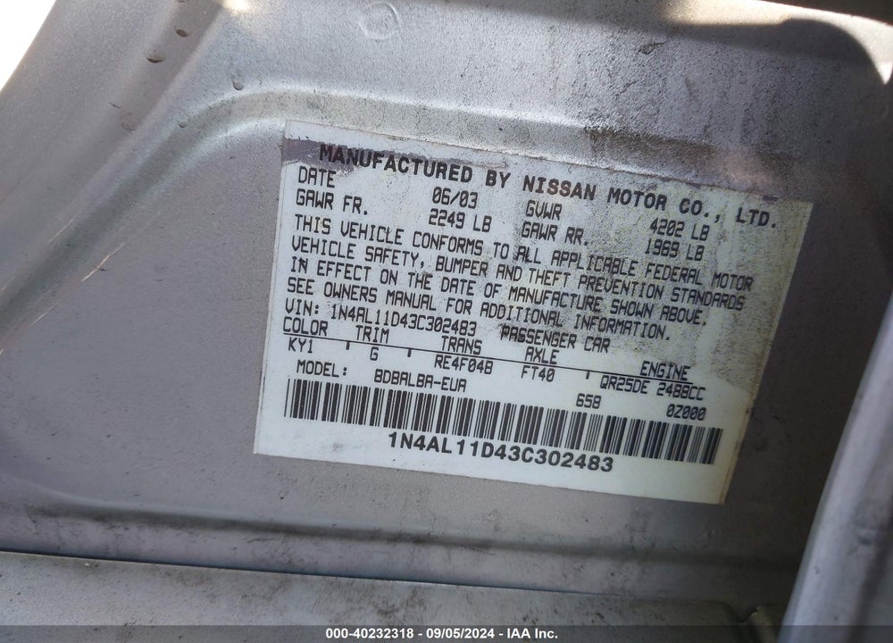 2003 NISSAN ALTIMA 2.5 SL VIN: 1N4AL11D43C302483