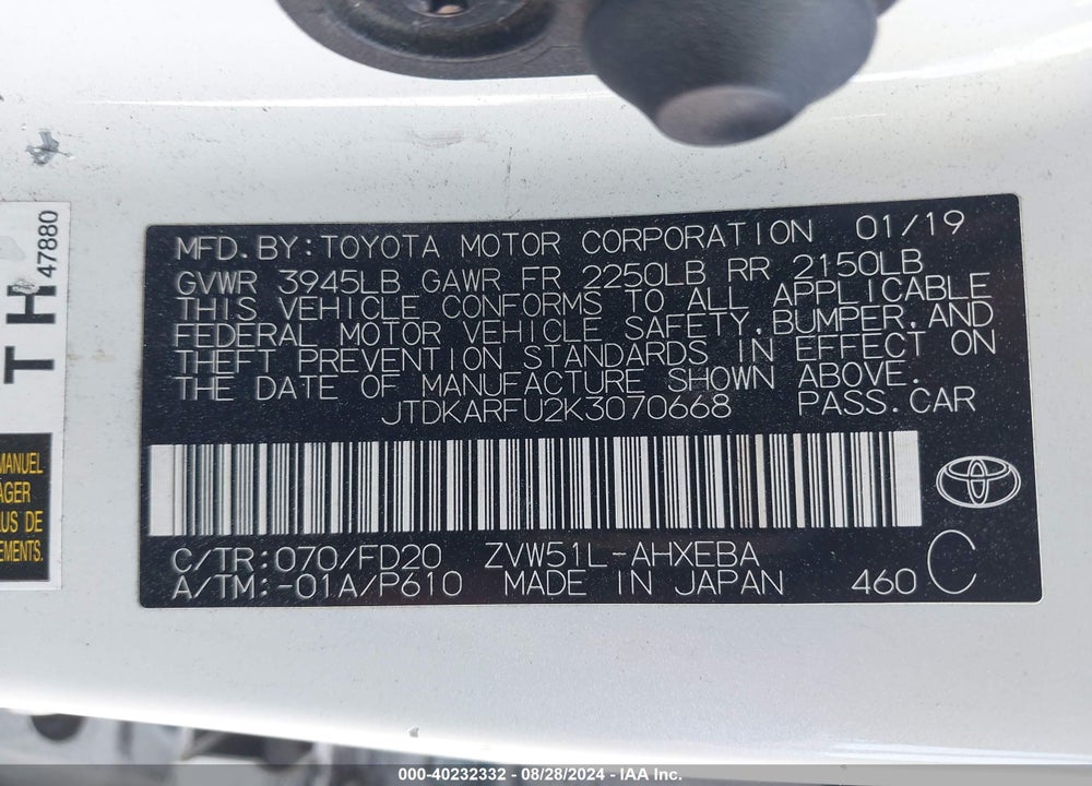 2019 TOYOTA PRIUS LE VIN: JTDKARFU2K3070668