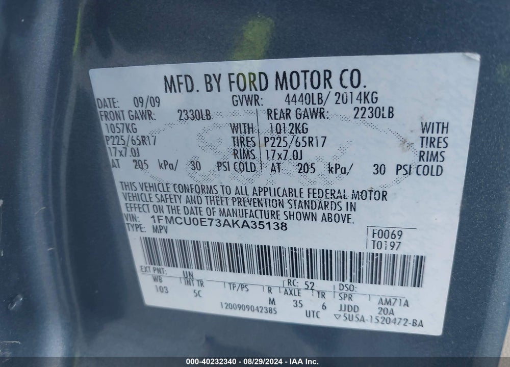 2010 FORD ESCAPE LIMITED VIN: 1FMCU0E73AKA35138