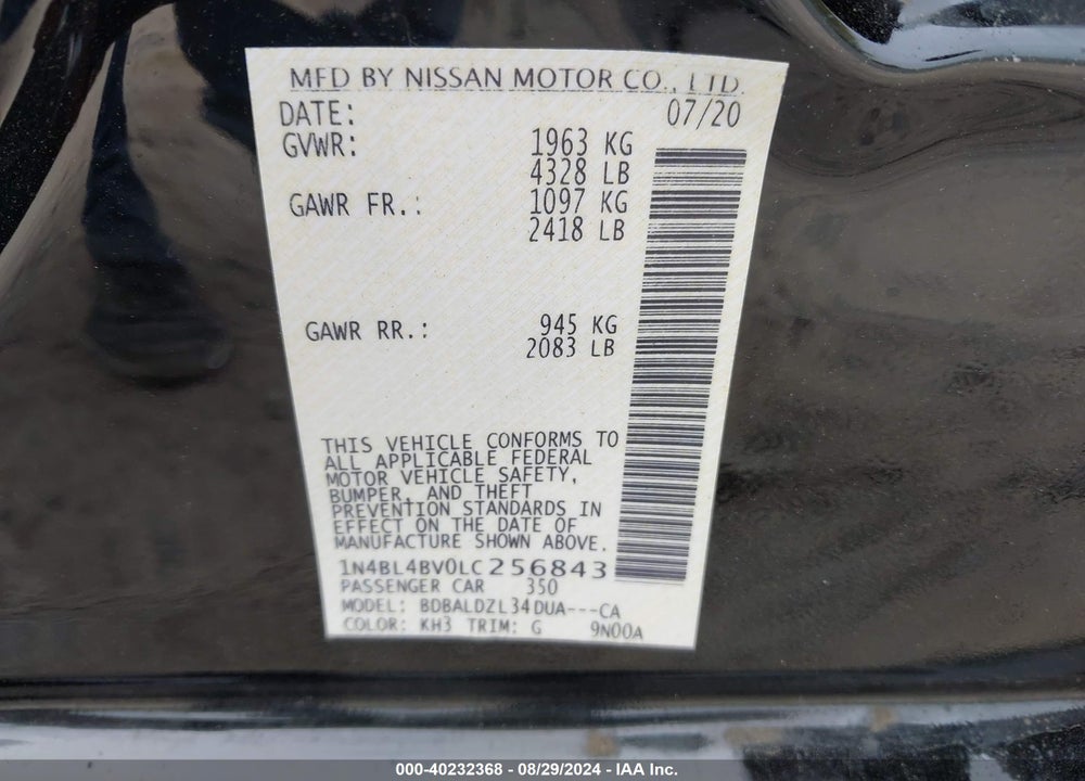 2020 NISSAN ALTIMA S FWD VIN: 1N4BL4BV0LC256843