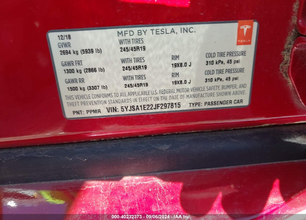 2018 TESLA MODEL S 100D/75D/P100D VIN: 5YJSA1E22JF297815