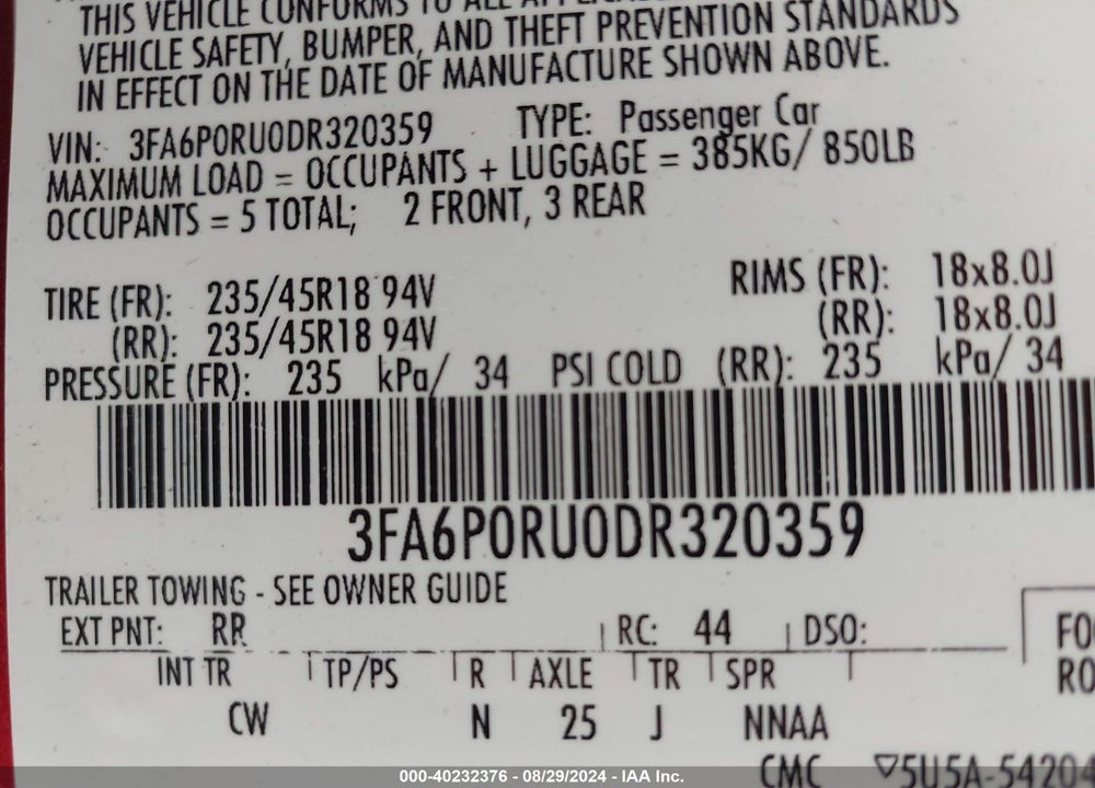2013 FORD FUSION HYBRID VIN: 3FA6P0RU0DR320359