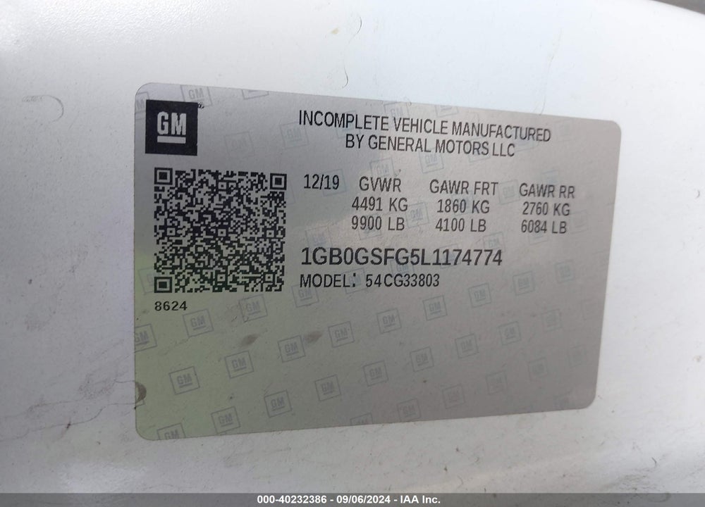 2020 CHEVROLET EXPRESS CUTAWAY WORK VAN VIN: 1GB0GSFG5L1174774