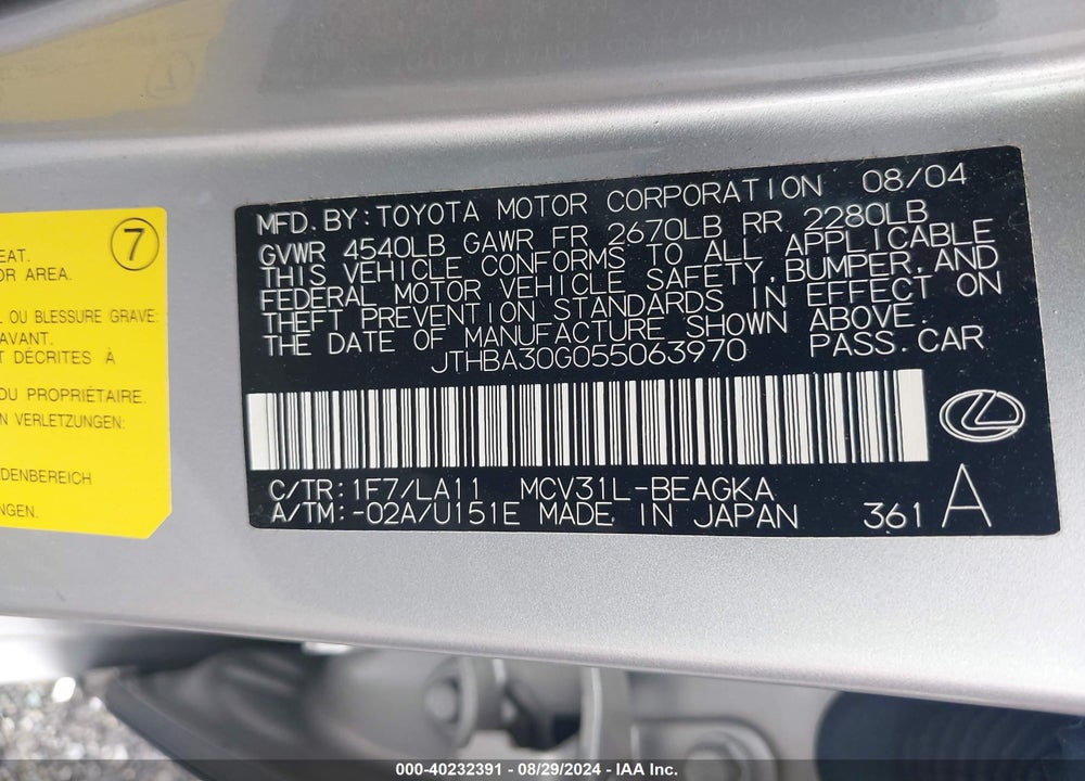 2005 LEXUS ES 330 VIN: JTHBA30G055063970