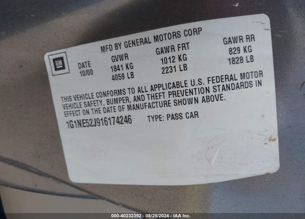 2001 CHEVROLET MALIBU LS VIN: 1G1NE52J916174246