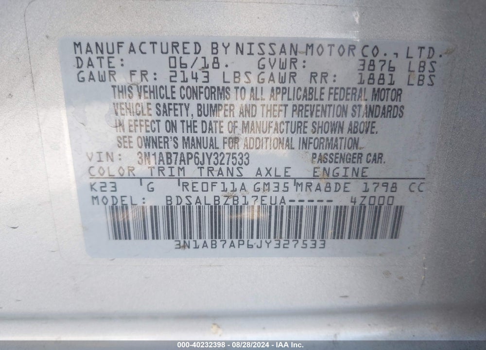 2018 NISSAN SENTRA S VIN: 3N1AB7AP6JY327533