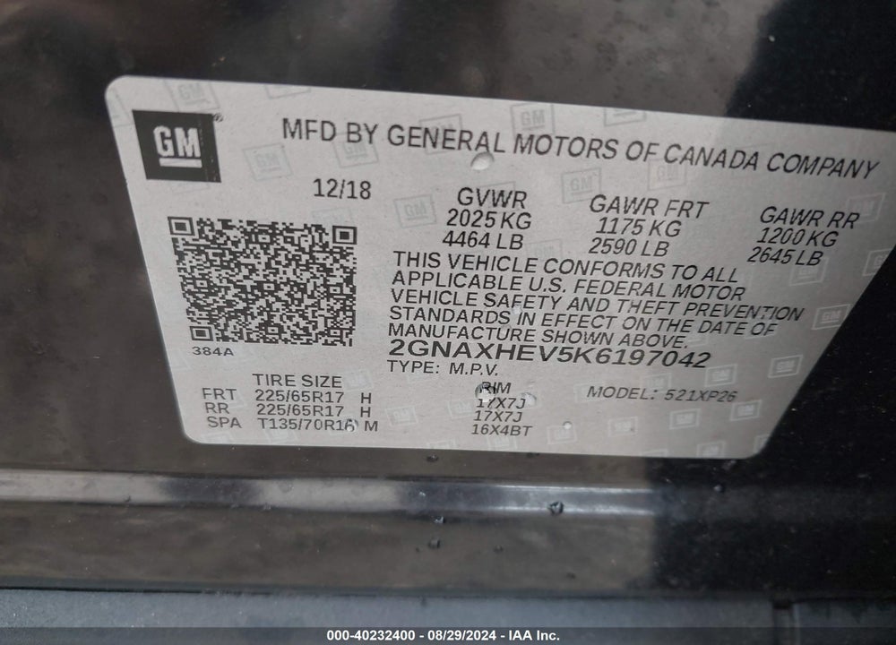 2019 CHEVROLET EQUINOX LS VIN: 2GNAXHEV5K6197042