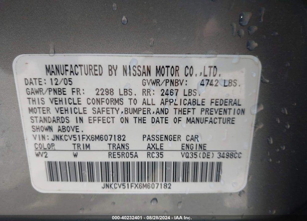 2006 INFINITI G35X VIN: JNKCV51FX6M607182