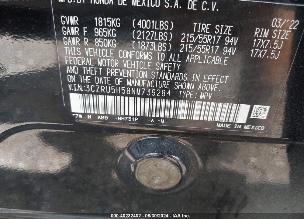 2022 HONDA HR-V 2WD EX VIN: 3CZRU5H58NM739284