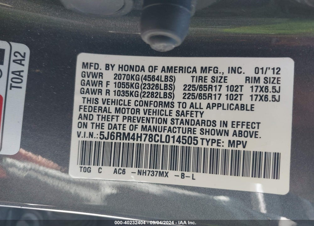 2012 HONDA CR-V EX-L VIN: 5J6RM4H78CL014505
