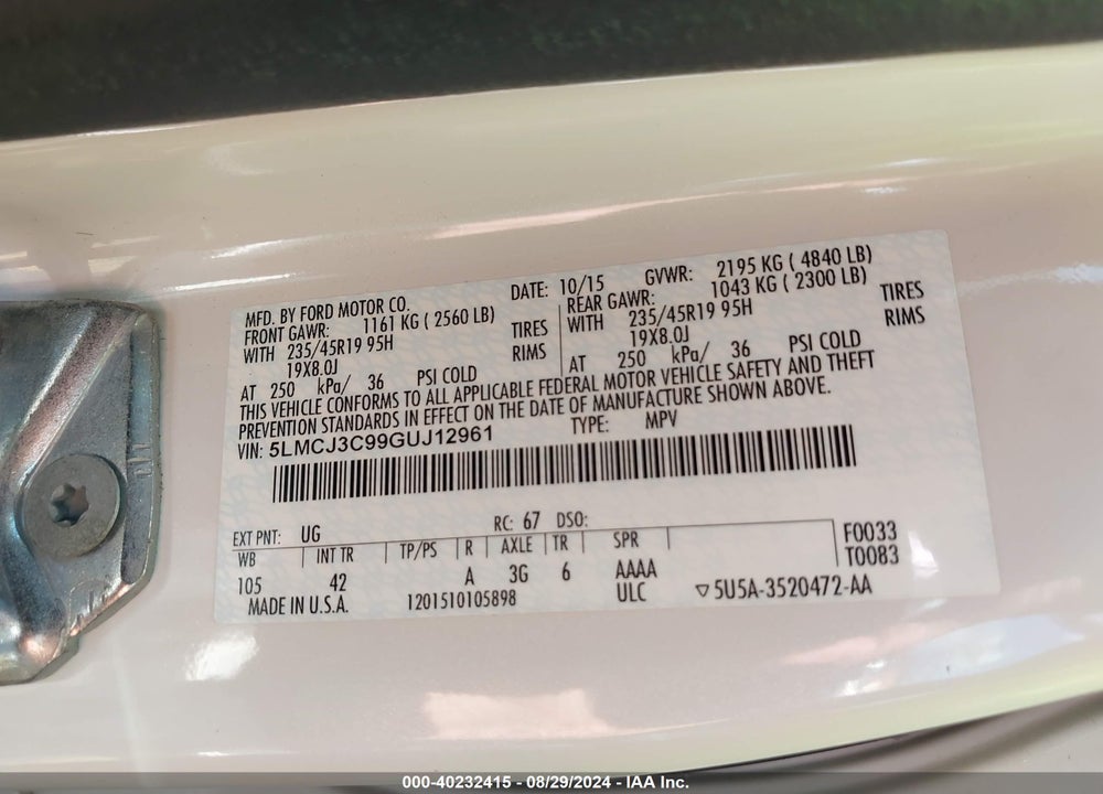 2016 LINCOLN MKC RESERVE VIN: 5LMCJ3C99GUJ12961