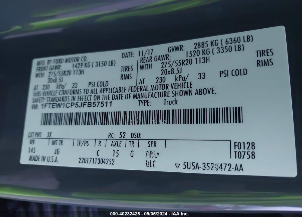 2018 FORD F-150 XL VIN: 1FTEW1CP5JFB57511