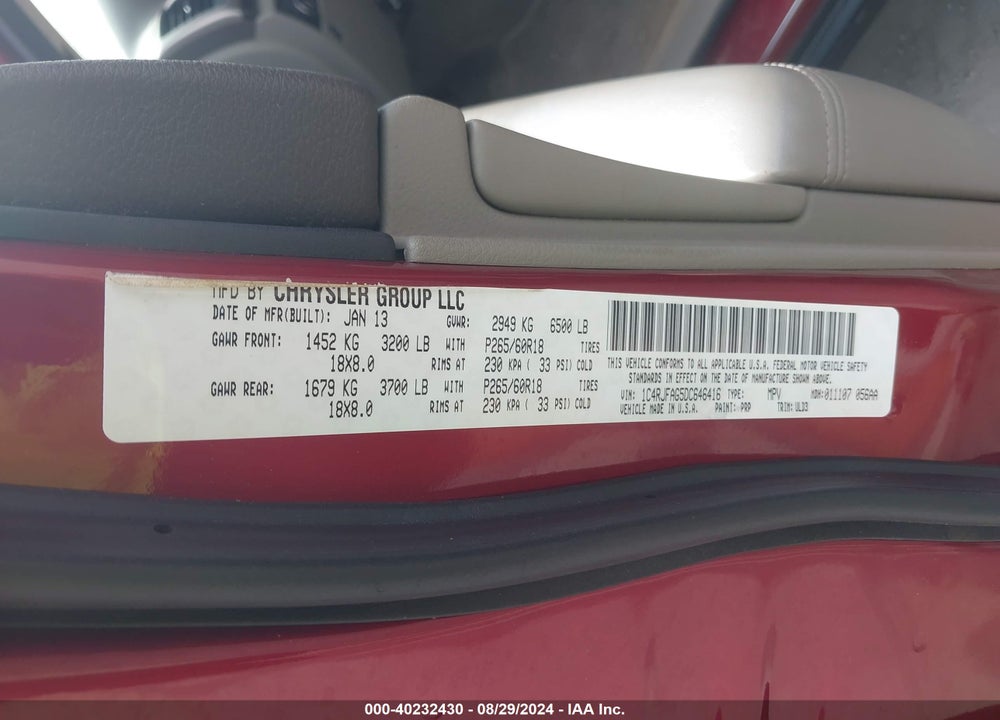 2013 JEEP GRAND CHEROKEE LAREDO VIN: 1C4RJFAG5DC646416