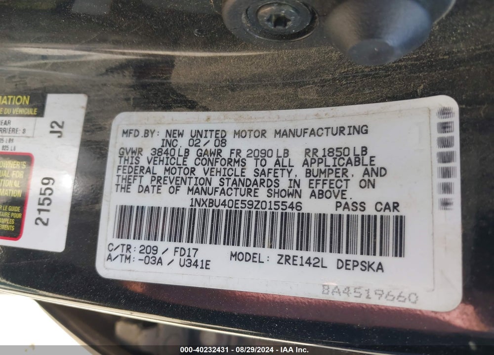 2009 TOYOTA COROLLA S VIN: 1NXBU40E59Z015546