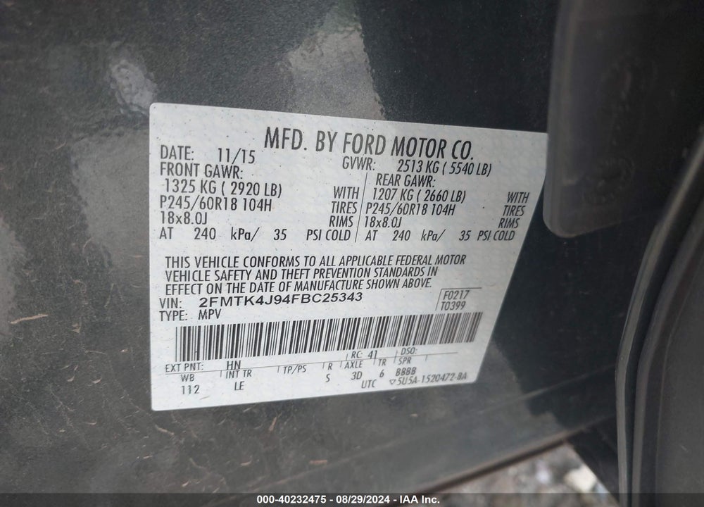 2015 FORD EDGE SEL VIN: 2FMTK4J94FBC25343