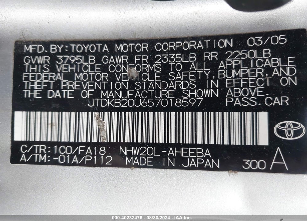 2005 TOYOTA PRIUS VIN: JTDKB20U657018597