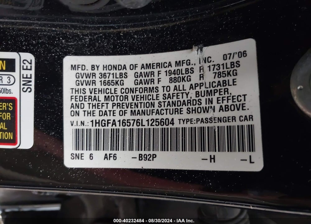 2006 HONDA CIVIC LX VIN: 1HGFA16576L125604