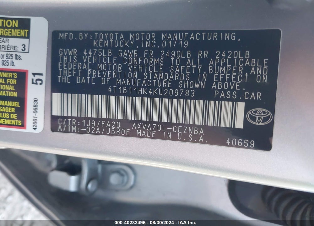 2019 TOYOTA CAMRY LE VIN: 4T1B11HK4KU209783