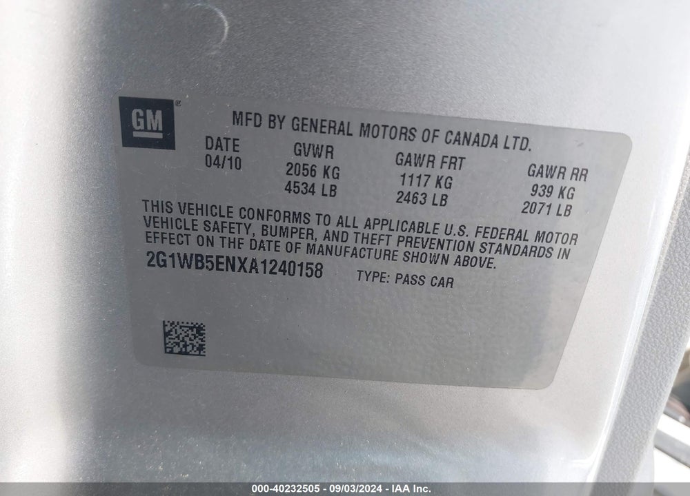 2010 CHEVROLET IMPALA LT VIN: 2G1WB5ENXA1240158