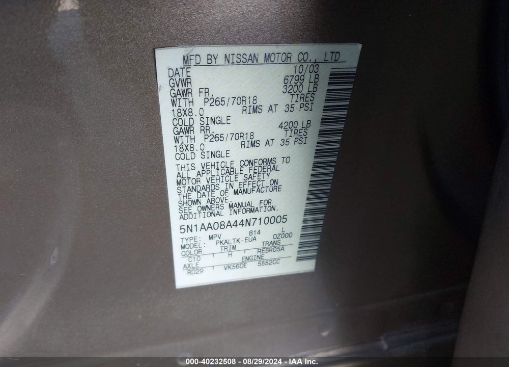 2004 NISSAN PATHFINDER ARMADA SE VIN: 5N1AA08A44N710005