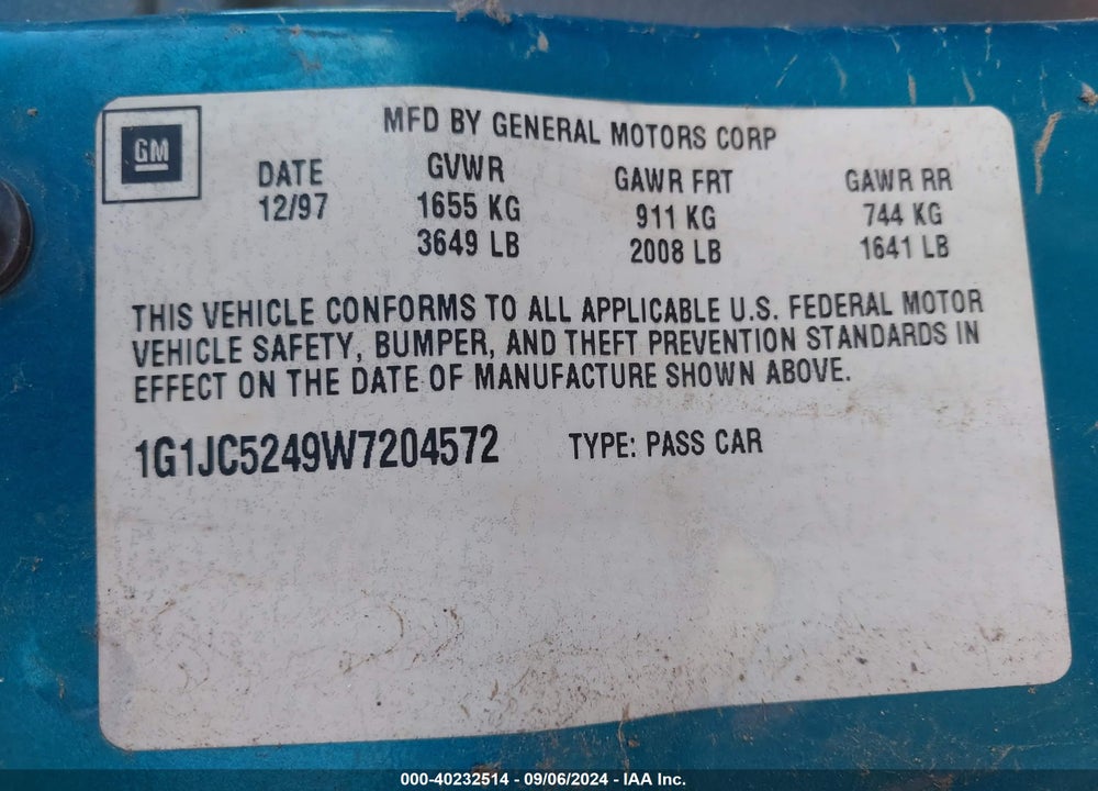 1998 CHEVROLET CAVALIER VIN: 1G1JC5249W7204572