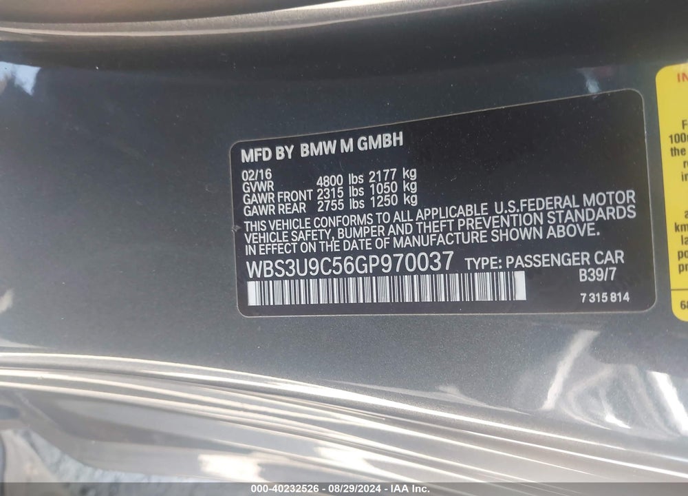 2016 BMW M4 VIN: WBS3U9C56GP970037