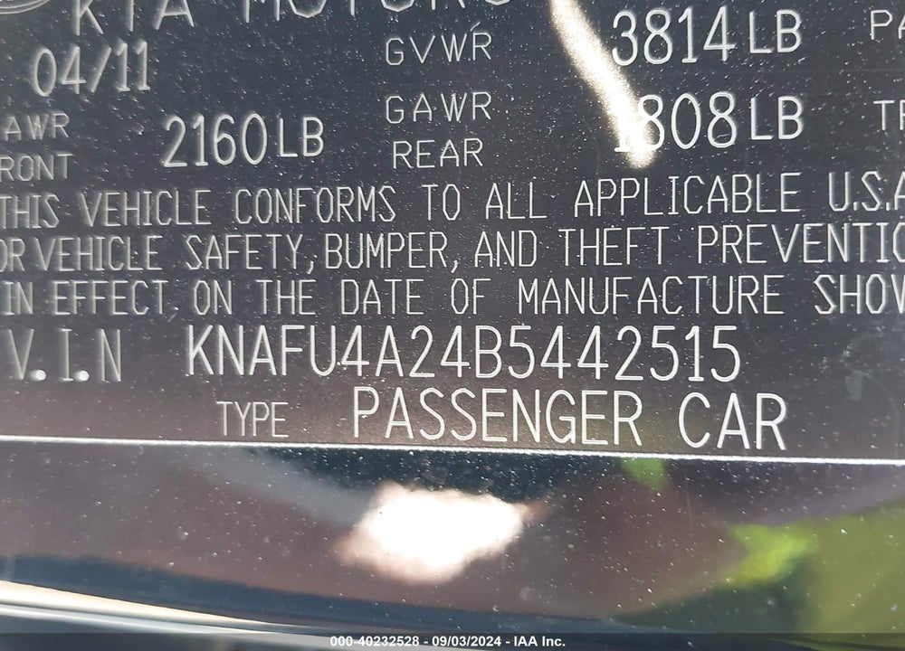 2011 KIA FORTE VIN: KNAFU4A24B5442515